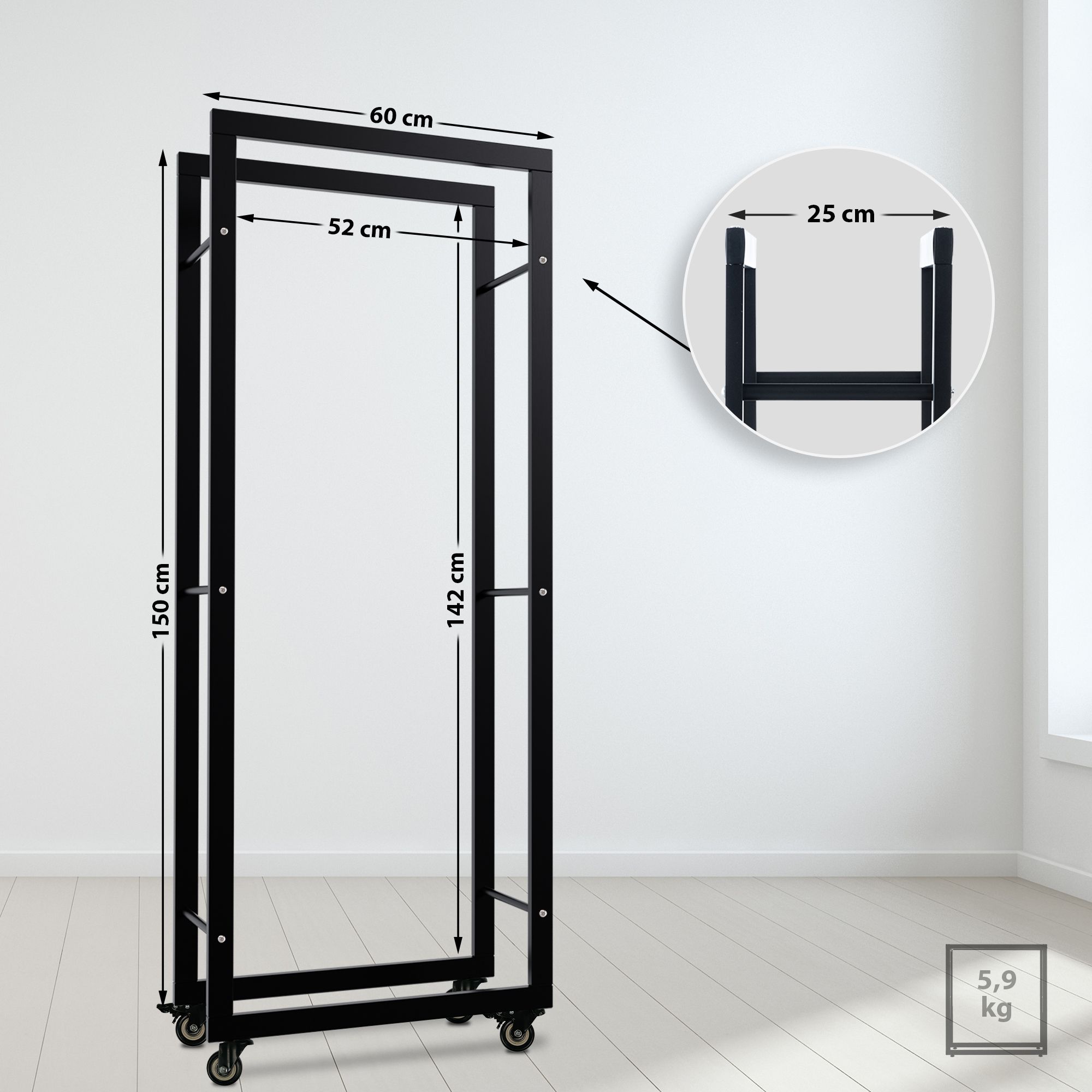 Kaminholzständer Keri mit Rollen 25x60x150