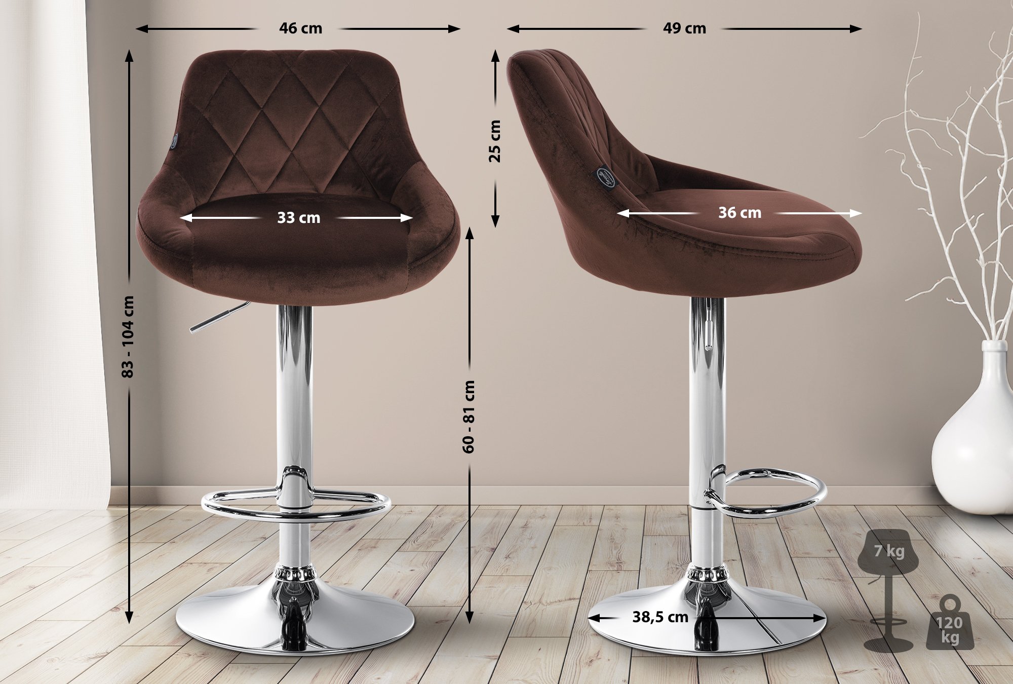 2er Set Barhocker Lazio Samt chrom