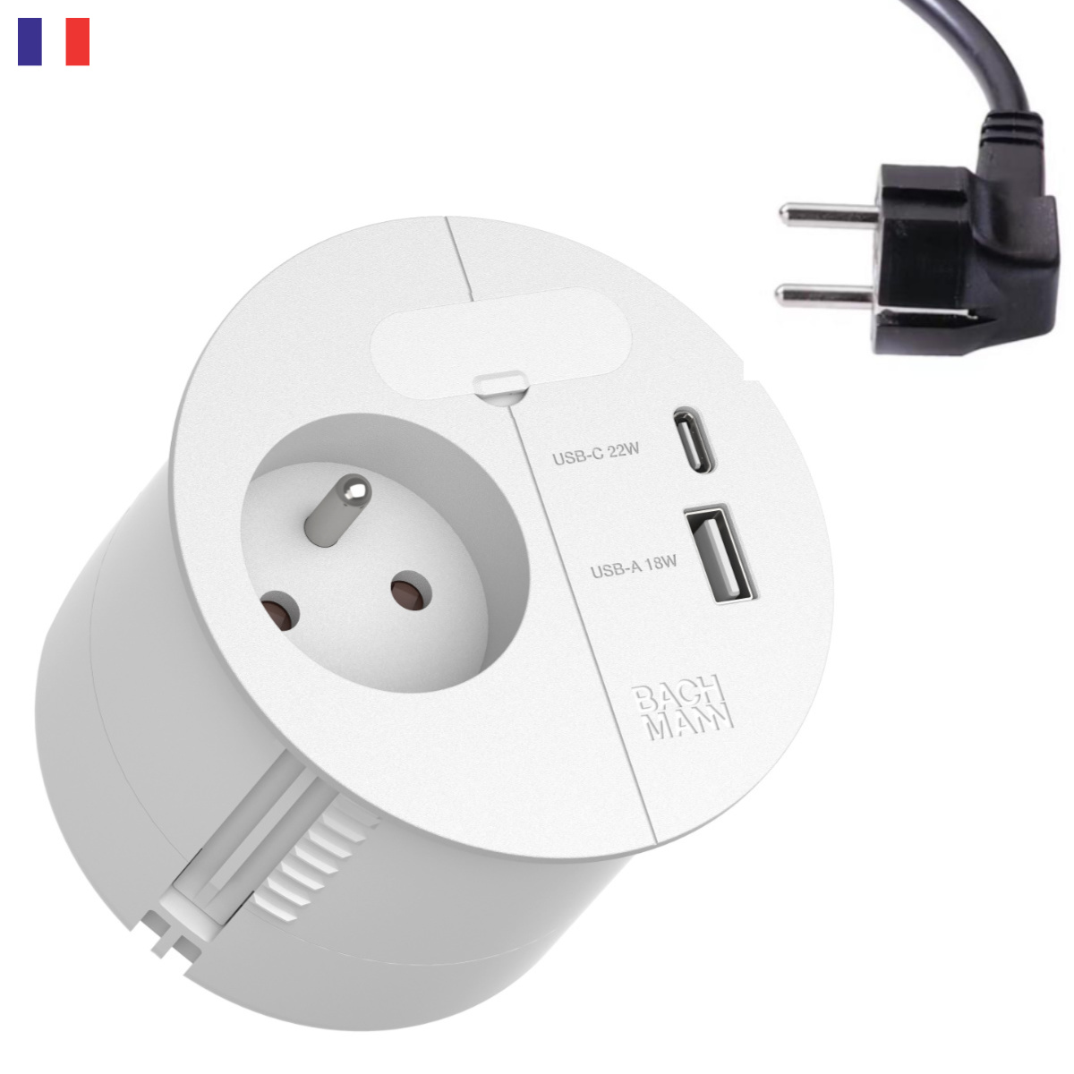 Bachmann LOOP IN CHARGE UTE Einbausteckdose mit USB A/C Charger mit Winkelstecker, weiß (938.302)