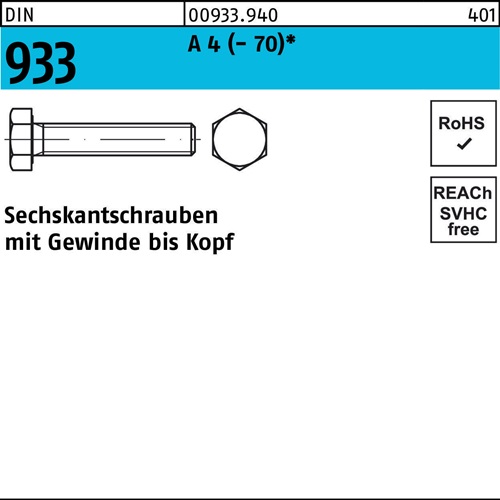 Sechskantschraube DIN 933 VG M14x 70 A 4 (- 70) 50 Stück - VPE: 50