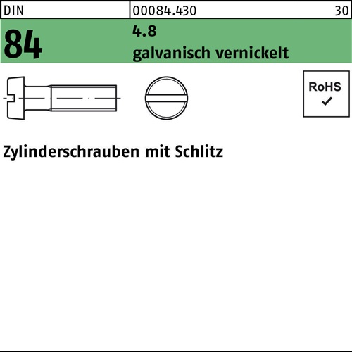 Zylinderschraube DIN 84/ISO 1207 Schlitz M5x16 4.8 galv. vernickelt 1000St. - VPE: 1000