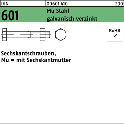 Sechskantschraube DIN 601 Sechskantmutter M20x250 Mu Stahl 4.6 galv.verz. 10St. - VPE: 10