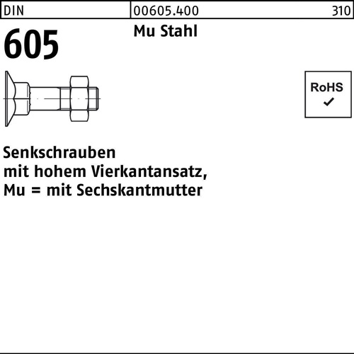 Senkschraube DIN 605 4-ktansatz/6-ktmutter M6x 60 Mu Stahl 4.6 200 Stück - VPE: 200
