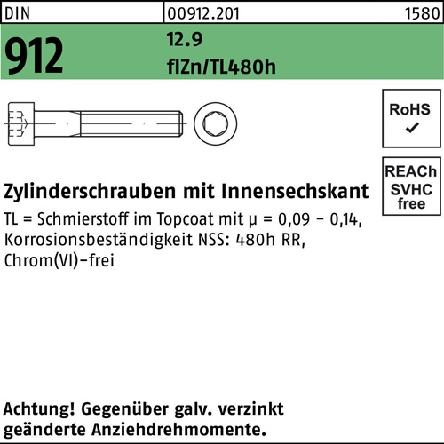 Zylinderschraube DIN 912 Innen-6kt M10x90 12.9 flZnnc 480h-L 100St. - VPE: 100