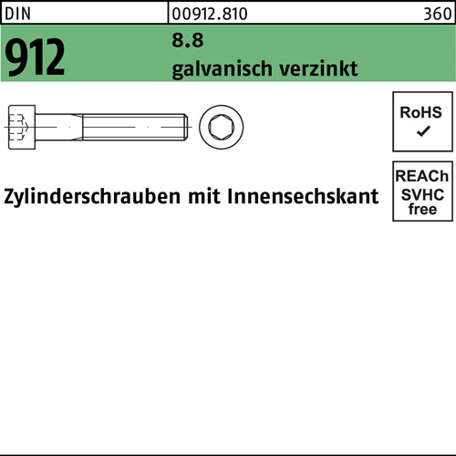 Zylinderschraube DIN 912 Innen-6kt M8x180 8.8 galv.verz. 100St. - VPE: 100