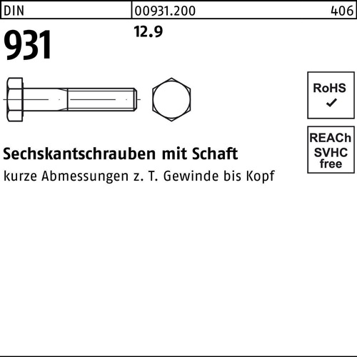 Sechskantschraube DIN 931 Schaft M20x 140 12.9 25 Stück - VPE: 25