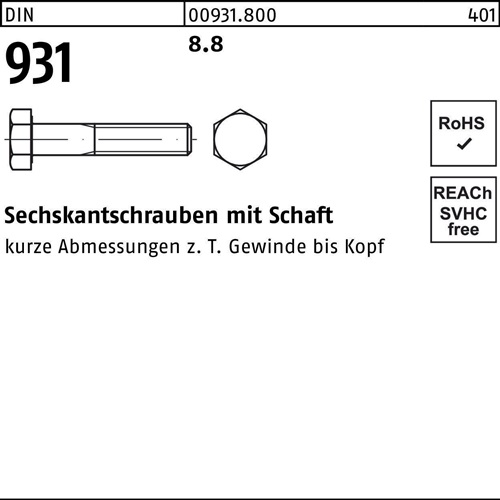 Sechskantschraube DIN 931 Schaft M8x 250 8.8 100 Stück - VPE: 100