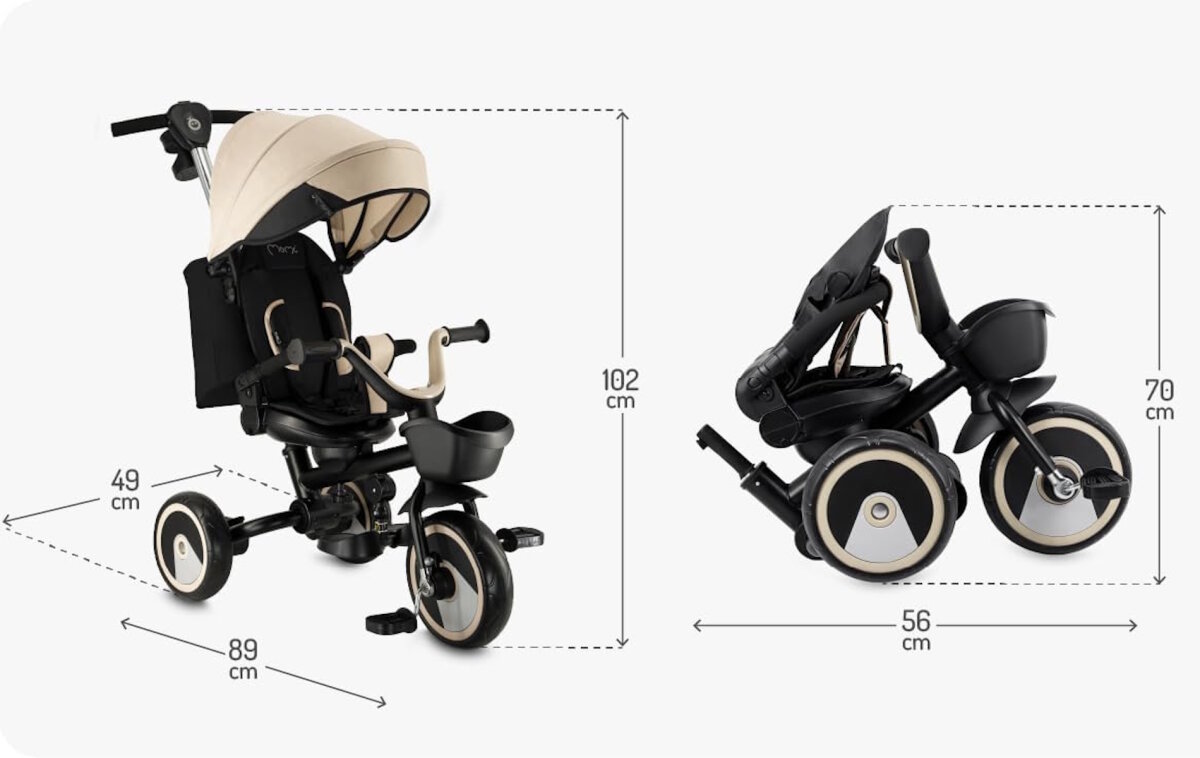 MoMi IVI Kinderdreirad 3-in-1 Beige ‚Äì 360¬∞ drehbarer Sitz, 3-Punkt-Gurt, h√∂henverstellbare Schiebestange, Sonnendach, PU-R√§der, Frontkorb ‚Äì ab 9 Monaten