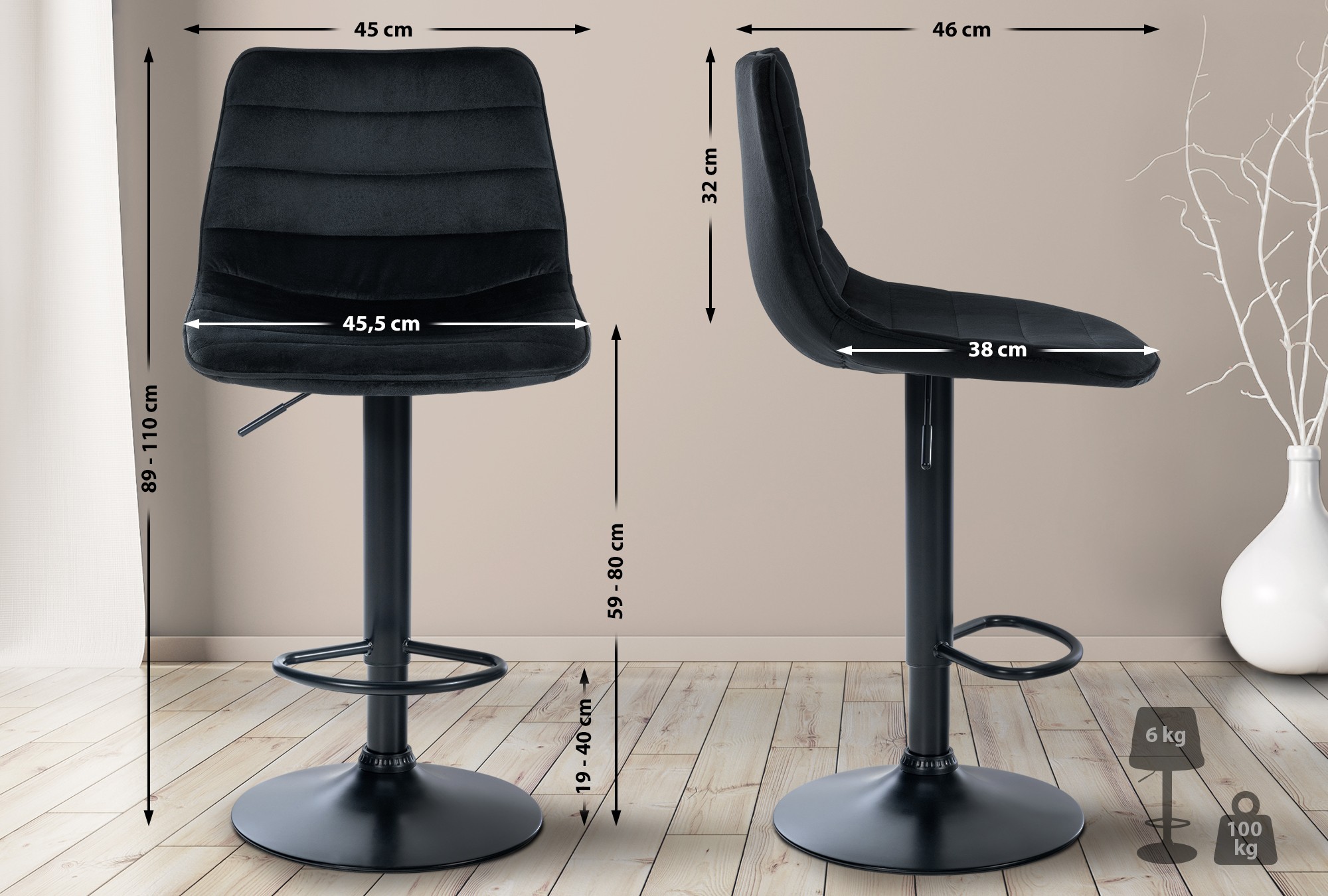 2er Set Barhocker Lex Samt Schwarz