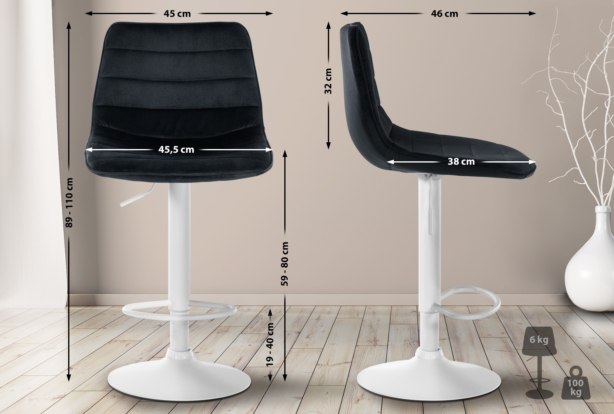 2er Set Barhocker Lex Samt Weiß