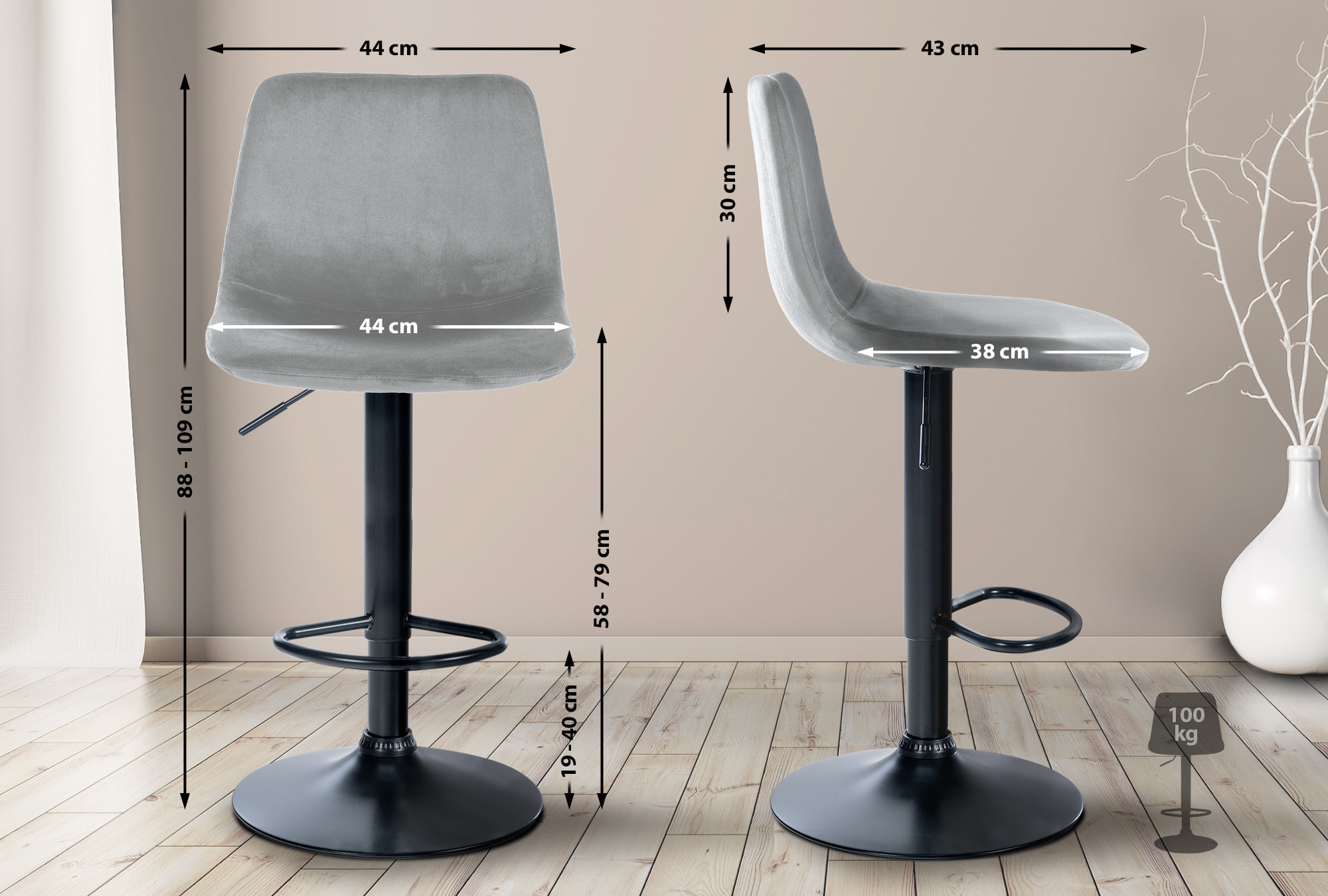 2er Set Barhocker Divo Samt Schwarz